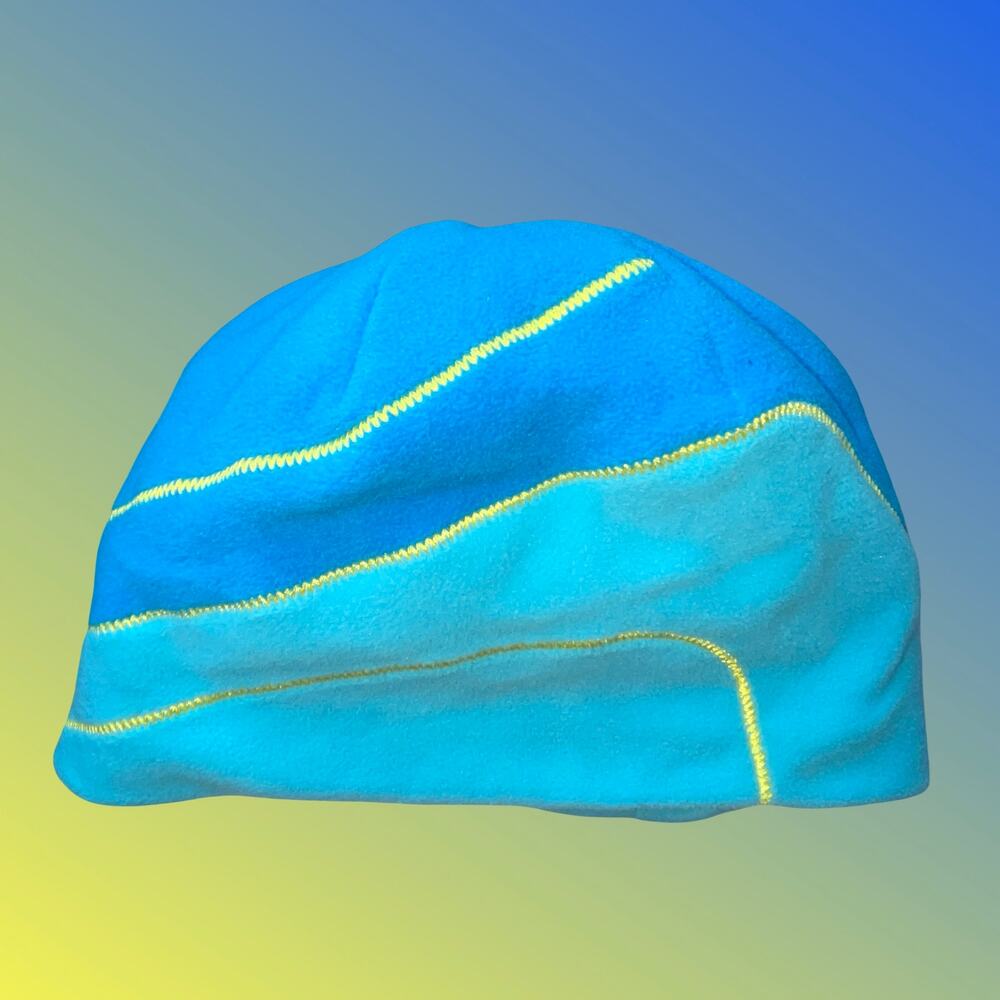 LL Bean Kids Fleece Beanie Hat Blue Medium Yellow Stitching Winter Winter Hat